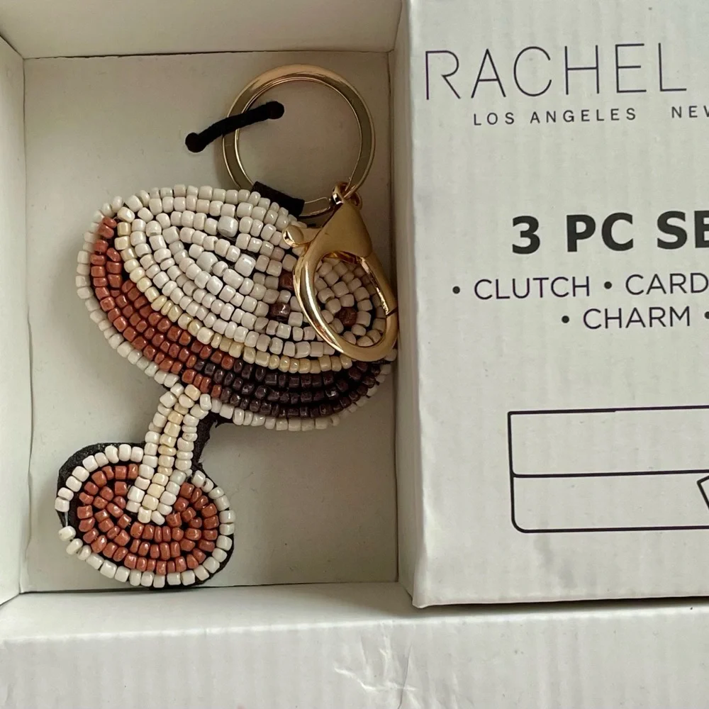 Rachel Zoe Women's Beaded Clutch Card Charm Bag Purse Set Black Brown